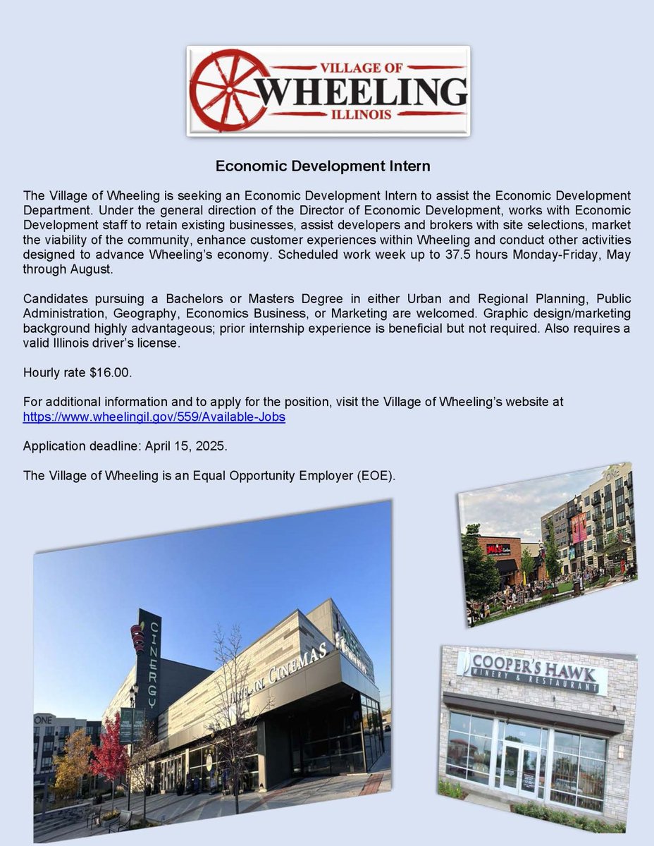 🚨 Attention NEIU community 🚨

Are you looking for an internship?
The Village of Wheeling, IL, is looking for an intern to assist the Economic Development Department this summer (May-August). Help retain businesses, assist with site selections, and market Wheeling’s growth! 💼