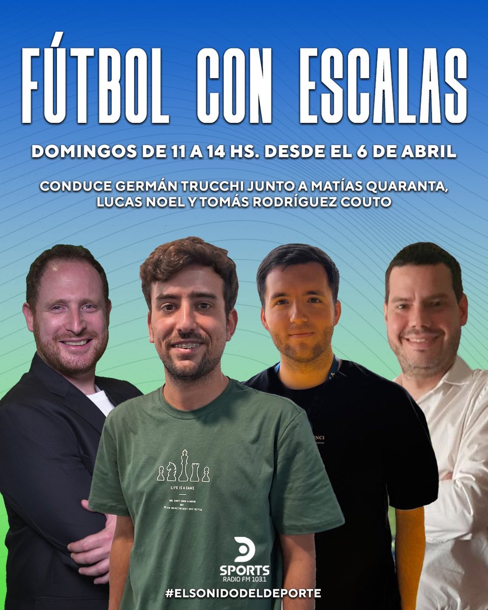 ✈️⚽️ GRAN ESTRENO: ¡LLEGA FÚTBOL CON ESCALAS!

Desde este domingo 6 de abril y todos los domingos desde las 11 Hs. y hasta las 14 Hs, <a href="/gtrucchi_/">German</a> conduce este nuevo programa dedicado a recorrer todas las ligas del mundo, además de entrevistas destacadas y mucho más.

El equipo se