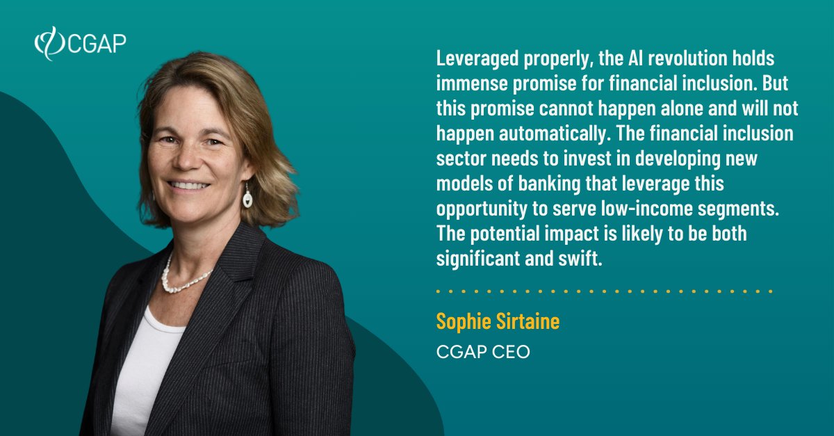 CGAP (@cgap) on Twitter photo #AI is not just changing the financial sector, it's revolutionizing it. In a new essay, CGAP CEO <a href="/SSirtaine/">Sophie Sirtaine</a> explores the potential of #AI for greater #FinancialInclusion, while highlighting the importance of managing its inherent risks.
More: cgap.pub/4cj96BH #AI is not just changing the financial sector, it's revolutionizing it. In a new essay, CGAP CEO <a href="/SSirtaine/">Sophie Sirtaine</a> explores the potential of #AI for greater #FinancialInclusion, while highlighting the importance of managing its inherent risks.
More: cgap.pub/4cj96BH