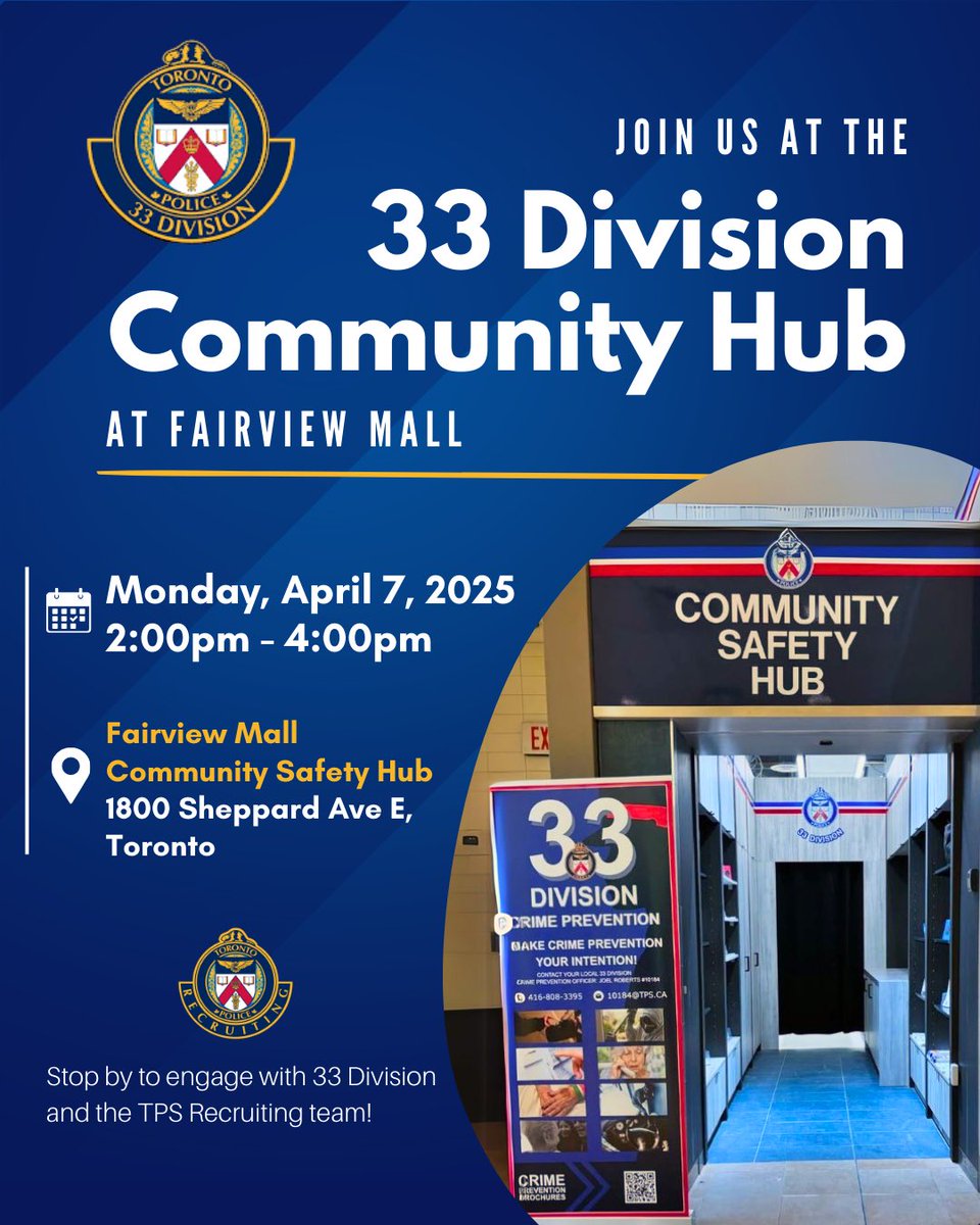 Join us at the 33 Division Community Safety Hub at Fairview Mall on Monday, April 7, 2025! Stop by to connect with our Recruitment team and 33 Division Officers🚓