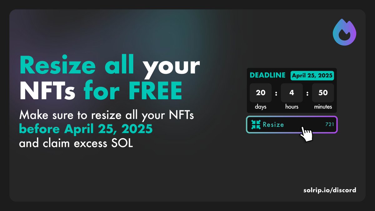 SolRip | Reclaim your SOL (@solripburn) on Twitter photo Big props to <a href="/metaplex/">Metaplex 🦾</a> for introducing a Resize instruction that enables existing metadata accounts to be resized, making it possible to reclaim SOL from resizing your NFTs.
At solrip.io, we’re proud to be the only Solana burner offering NFT resizing for free. 🧵 Big props to <a href="/metaplex/">Metaplex 🦾</a> for introducing a Resize instruction that enables existing metadata accounts to be resized, making it possible to reclaim SOL from resizing your NFTs.
At solrip.io, we’re proud to be the only Solana burner offering NFT resizing for free. 🧵