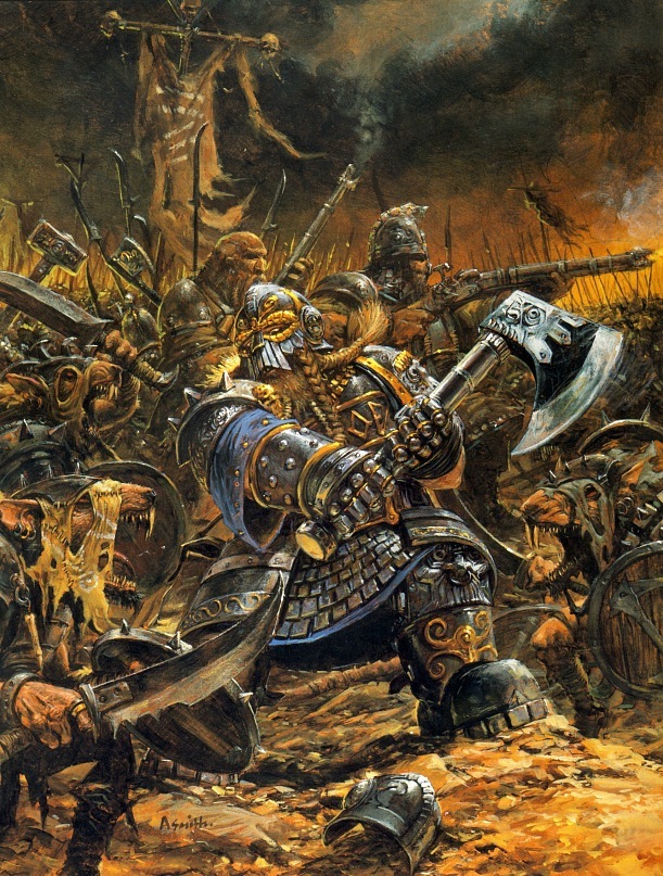 Adrian Smith is another favorite 'Hammer artist of mine. He drew some absolute bangers for both universes, but I will always enjoy his take on my beloved Warhammer Fantasy setting the most.⚒️

Here we have his work depicting Dwarfs fighting Skaven. Simply wonderful!
#WarhammerArt