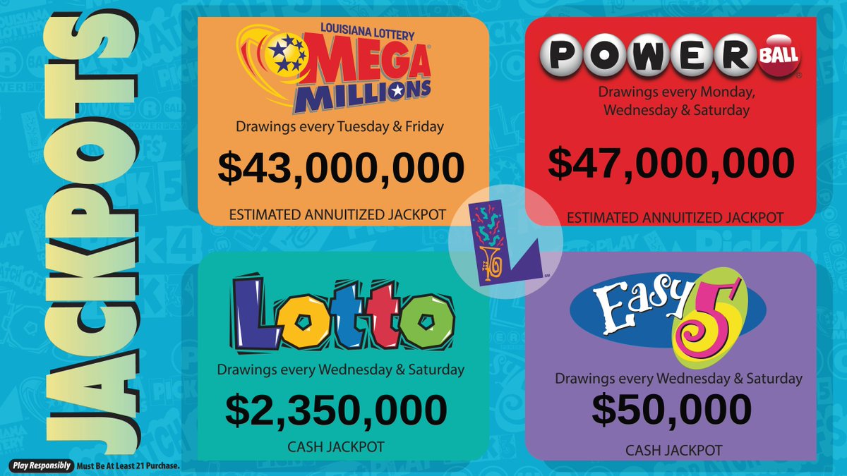LALottery's tweet photo. Check out your weekend jackpots! #MegaMillions is at $43 MILLION, #Powerball is at $47 MILLION, #Lotto is at $2.35 MILLION, and #Easy5 is at $50K! Get your tickets and play responsibly!

https://t.co/G13S50Uf6R https://t.co/KNofsIcRc8