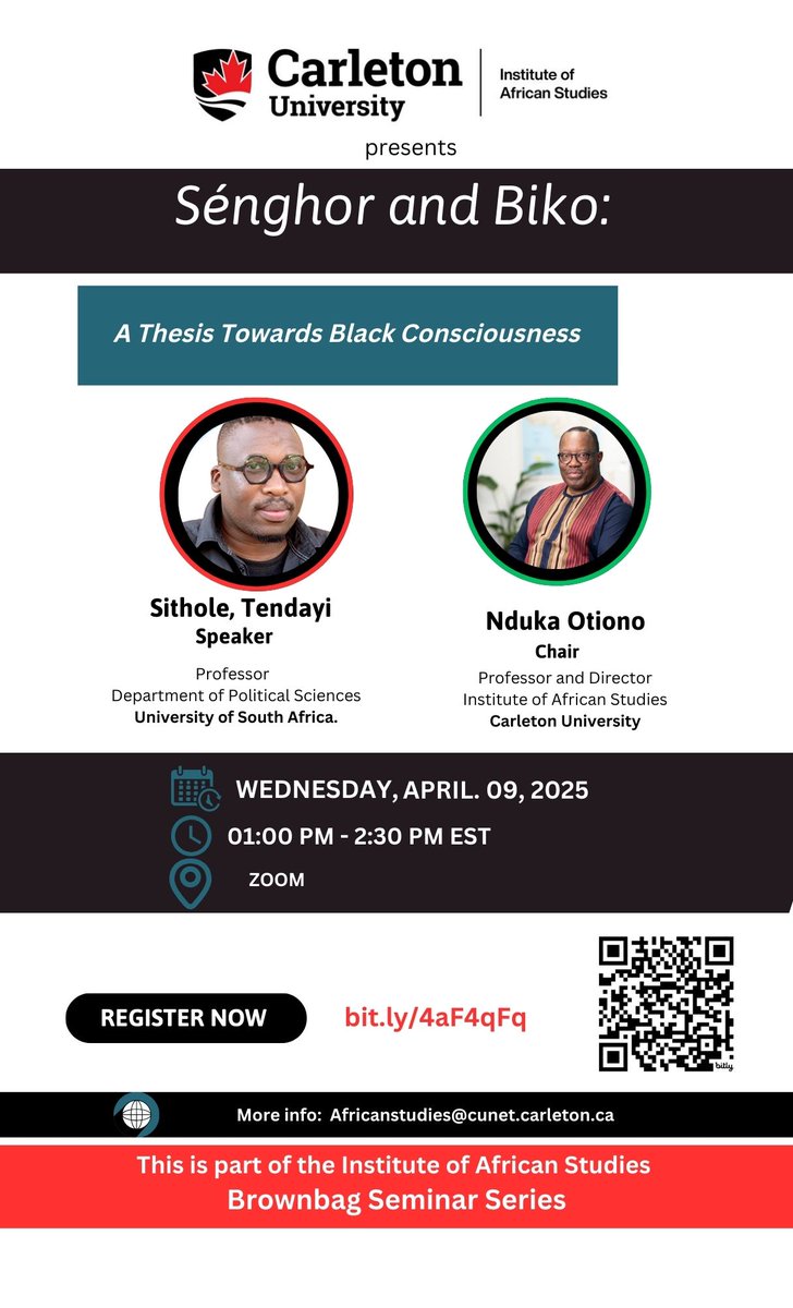 Join us for a Brownbag Seminar with Prof. Tendayi Sithole (UNISA) on “Sénghor &amp; Biko: A Thesis Towards Black Consciousness.”
Explore the intersection of Negritude &amp; Black Consciousness, focusing on Senghor &amp; Biko’s relationship.
📅 April 9, 1:00 – 2:30 p.m. EST 

🔗 Zoom Link: