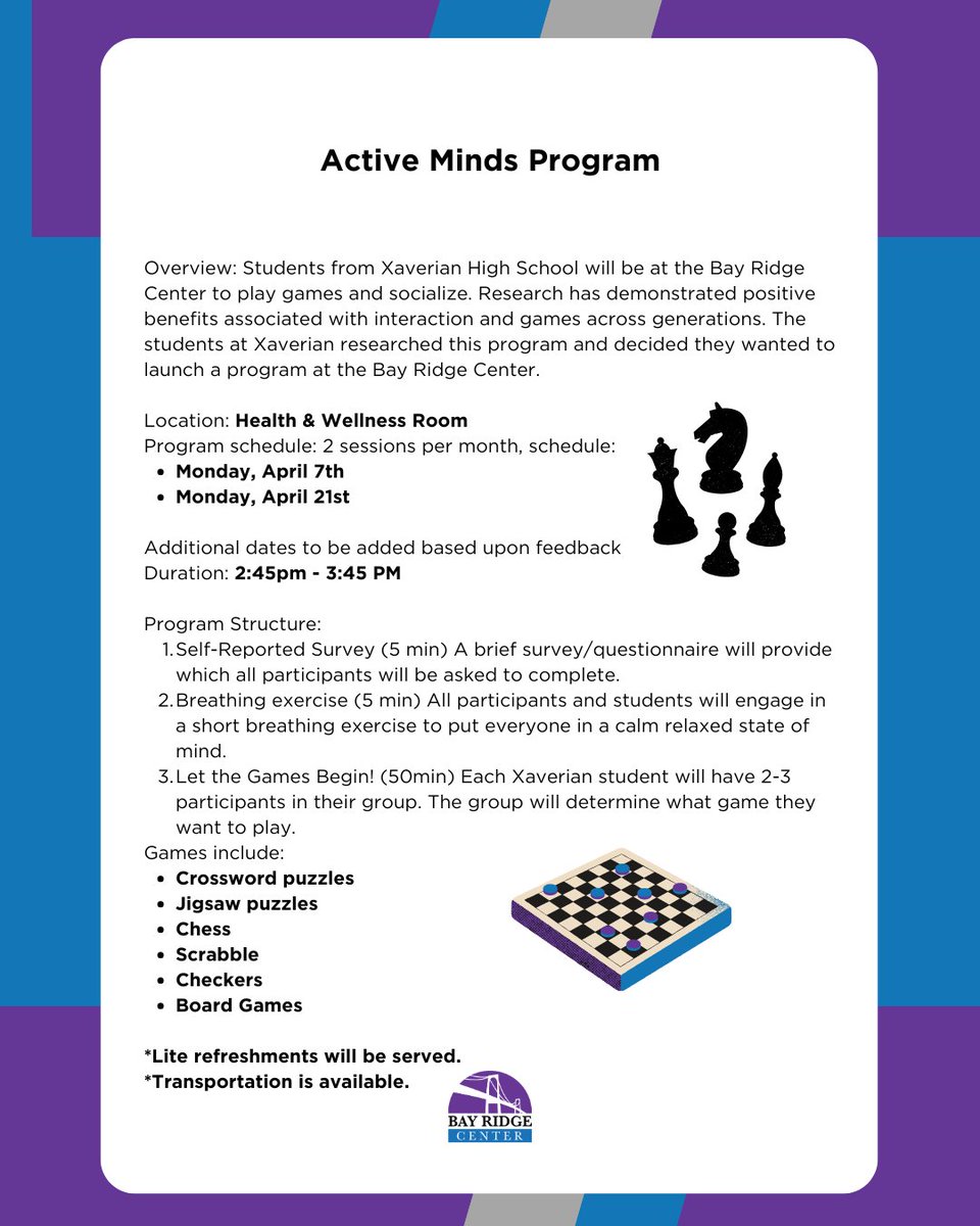 bayridge_center's tweet image. 🎲✨ Active Minds Program ✨🎲

Join Xaverian High School students for games and socializing at the Bay Ridge Center!

🗓️ April 7th &amp;amp; 21st
⏰ 2:45 PM - 3:45 PM
📍 Health &amp;amp; Wellness Room

#ActiveMinds #CommunityEngagement #BayRidgeCenter #GamesAndSocialize #BoardGames