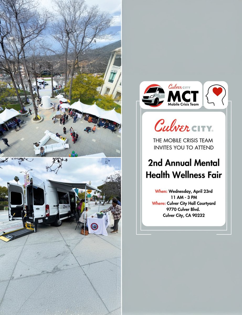 🌟 Join us for a day of healing, hope, and community! 🌟

💚✨ The Culver City Mobile Crisis Team invites YOU to the 2nd Annual Mental Health Wellness Fair 💚✨

🗓️ Wednesday, April 23rd
🕚 11 AM – 3 PM
📍 Culver City Hall Courtyard
9770 Culver Blvd, Culver City, CA
