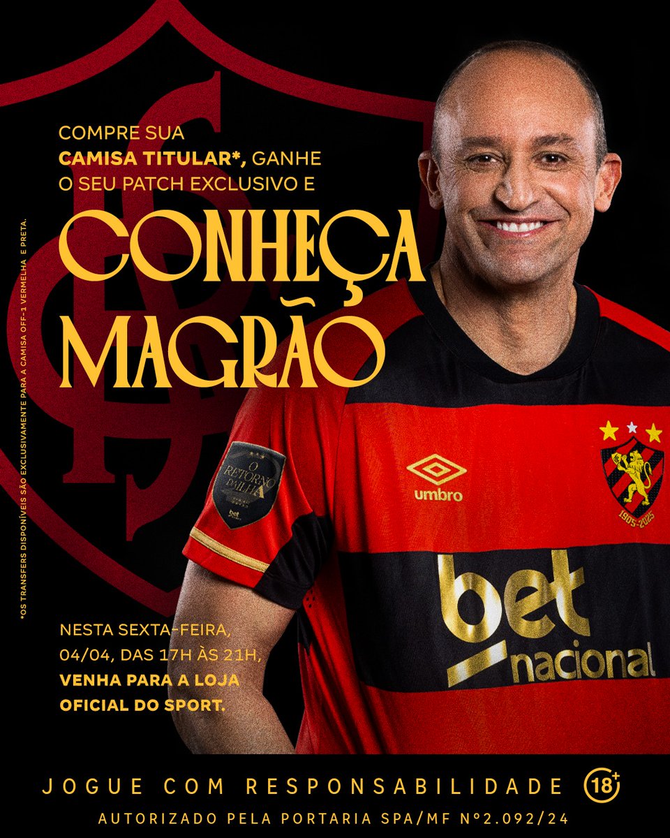 LojaPST's tweet photo. 📍 Loja da Ilha do Retiro das 17h às 22h (04/04).

A Ilha voltou à Série A e a festa vai ser do jeito que o Leão merece! 🔴⚫

Quer ter a oportunidade de encontrar Magrão e ainda garantir o autógrafo dele na sua camisa oficial? Então vem pra Ilha do Retiro! 🧤🔥

🔺 Personalize seu manto com o patch exclusivo da Série A e celebre esse momento histórico com a gente!

⚠️ Atenção: o encontro com Magrão é um evento exclusivo para quem customizar a nova camisa OF.1 2025!

#LojaPST #SportRecife #Betnacional