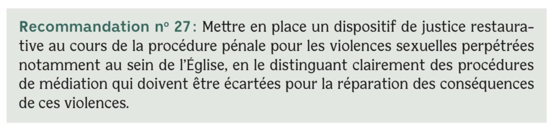 <a href="/ntrouiller/">Natalia Trouiller</a> On s’éloigne de plus des recommandations de la CIASE :
Les « procédures de médiation doivent être écartées pour la réparation des conséquences » des violences sexuelles…
C’est clair, non ?
