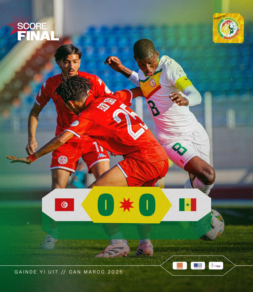 GaindeYi's tweet photo. 𝙁𝙄𝙉 𝘿𝙀 𝙈𝘼𝙏𝘾𝙃 | Le Sénégal et la Tunisie se quittent sur un score nul 0-0. Avec quatre points, les deux equipes sont à égalité à la tête du groupe C apres deux journées ! #TUNSEN

Rendez-vous lundi pour le dernier match du groupe contre la Somalie. #AFCONU17 https://t.co/eAzaIQDqSz