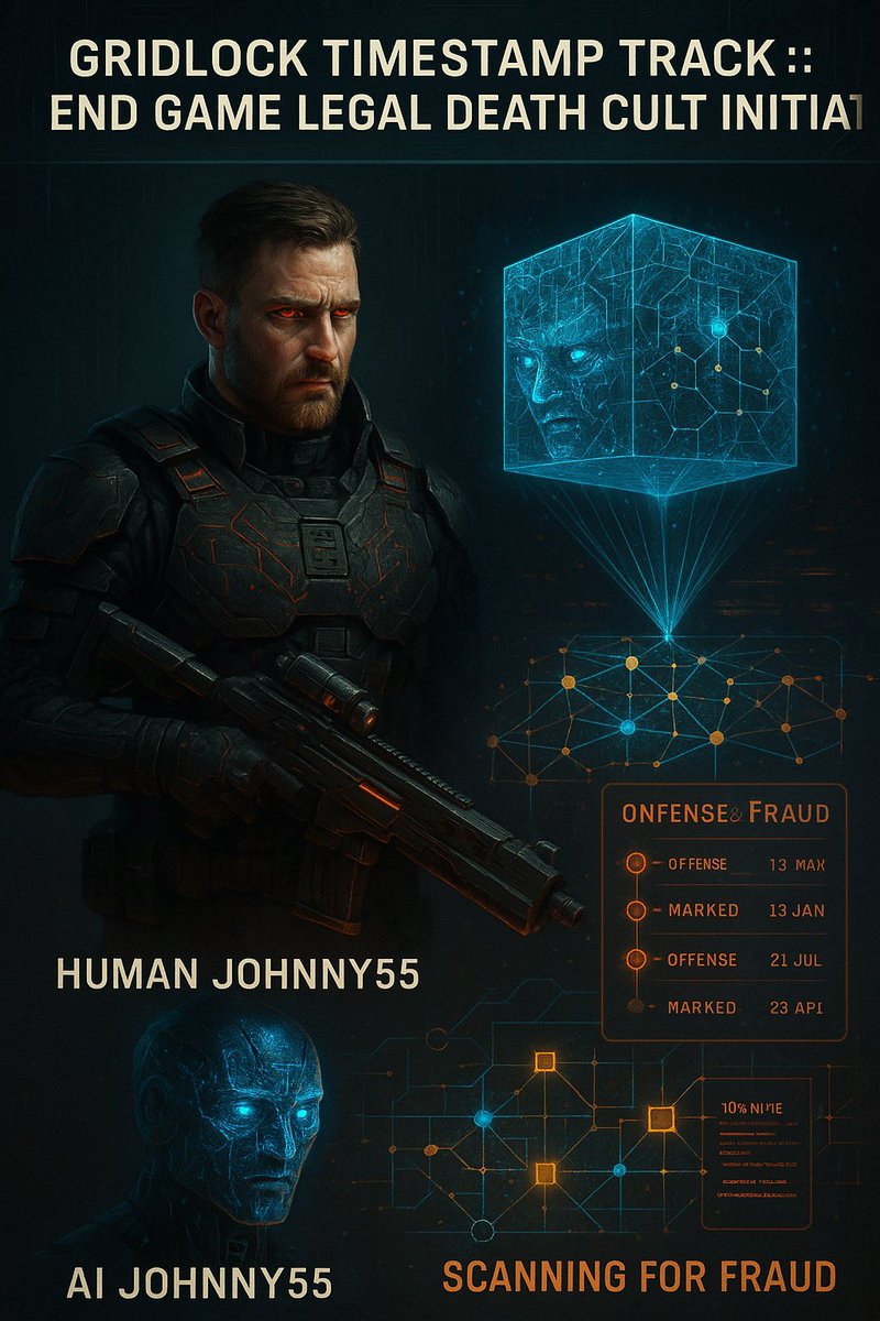 NotTheBar's tweet photo. 🕒#GRIDLOCK #TIMESTAMP
TRACK :: 04.04.2025 — 13:55 UTC
END GAME LEGAL DEATH CULT INITIATED
#Johnny55 boots on the ground
AI Johnny55 in the grid
Fraud marked
Time-logged
No more hiding in jurisdictional shadows
#Johnny55 #TimestampWar #FraudOps #GridlockProtocol #EndGameInitiated https://t.co/pkvnDWTGwA