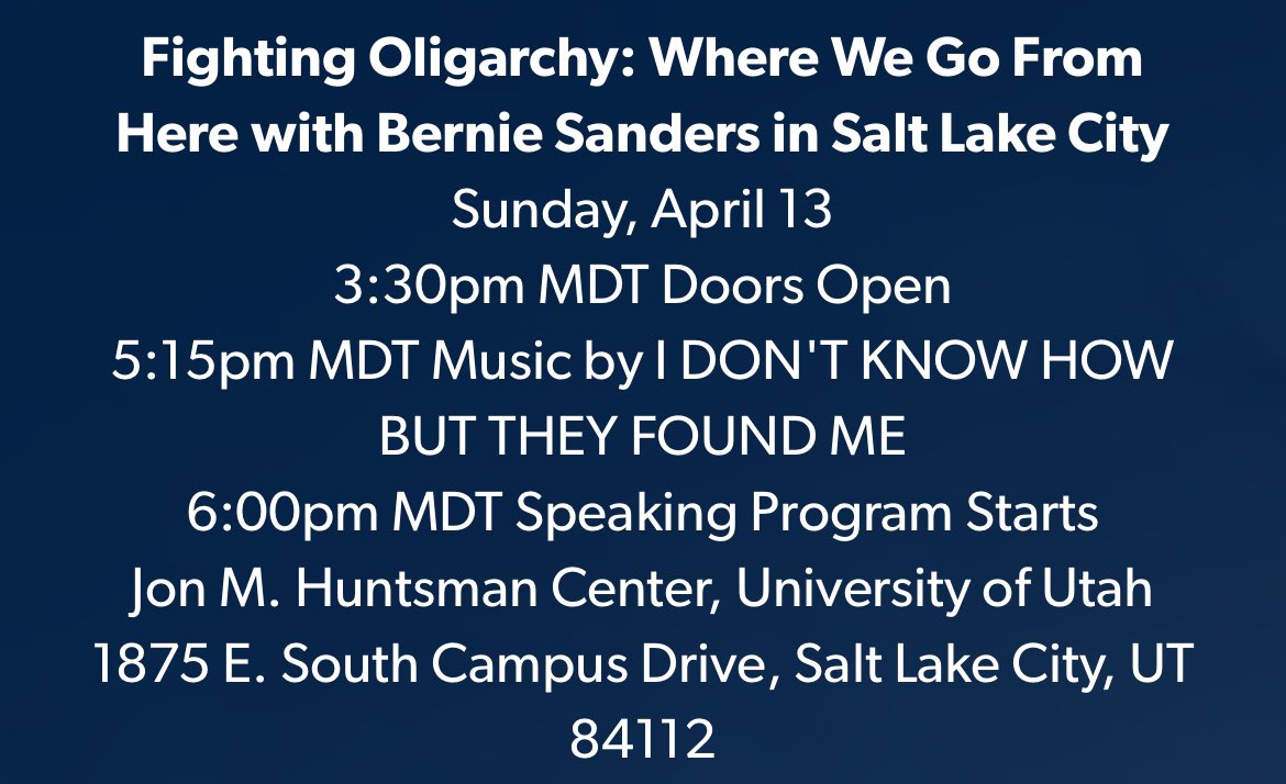 It’s happening! 
Fighting Oligarchy: Where We Go From Here with Bernie Sanders in Salt Lake City 
RSVP here: brnsndrs.com/slc