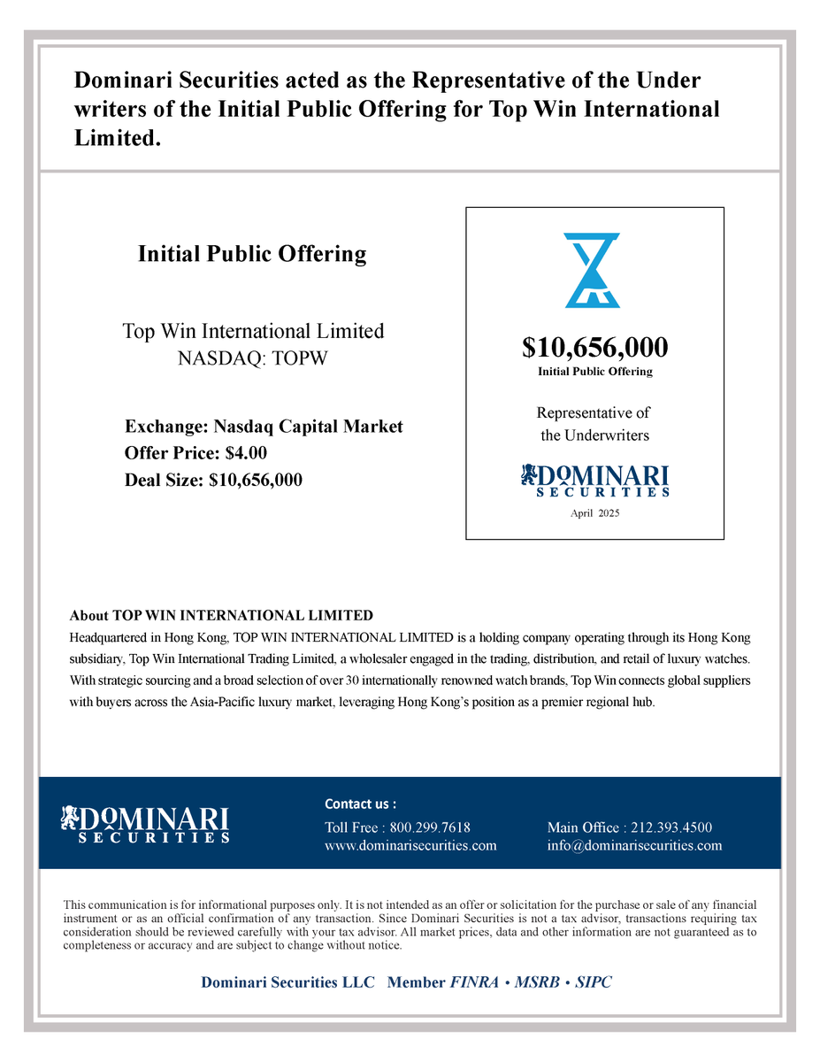 We are excited to announce that Dominari Securities acted as the Representative of the Underwriters of the IPO for Top Win International Limited.

#IPO #newdeals #TOPW #luxury #watches #trading #retail #investment #banking #wealth #management

Visit Dominari Securities website