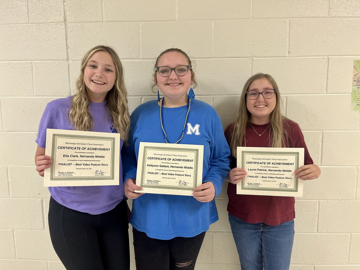 Congrats to Ella Clark, Adyson Galant, and Laurel Patrick for outstanding recognition at the Mississippi Scholastic Press Association- Best of Mississippi competition #TeamDCS ⁦<a href="/mrsmurrellHMS/">Emily Pinnow Murrell</a>⁩ ⁦<a href="/lauren_allinder/">Lauren Allinder</a>⁩