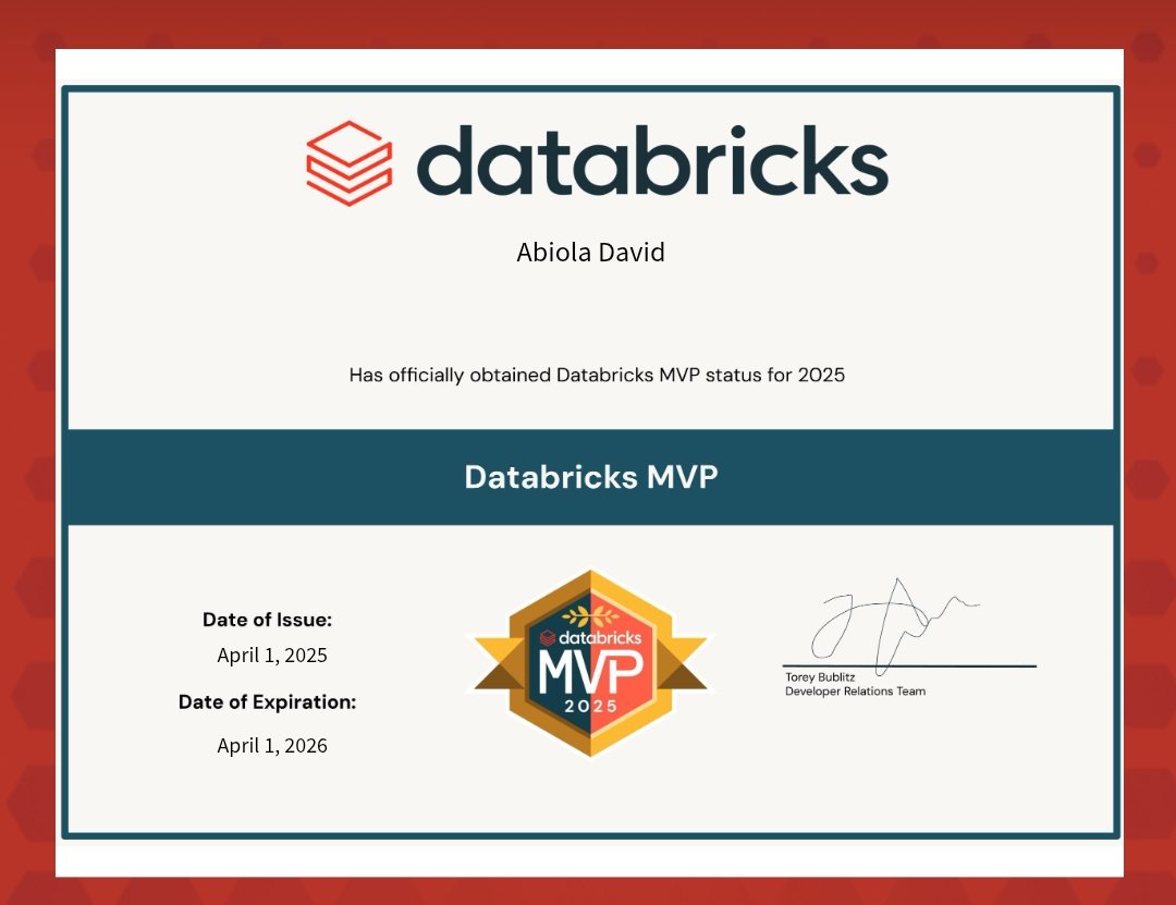 AbiolaDavid01's tweet image. 🎉 Big News! 🎉  
I am beyond thrilled to announce that I’ve been awarded the **prestigious Databricks MVP award** today for my contributions to the Databricks technical community! 🥳✨

#DatabricksMVP