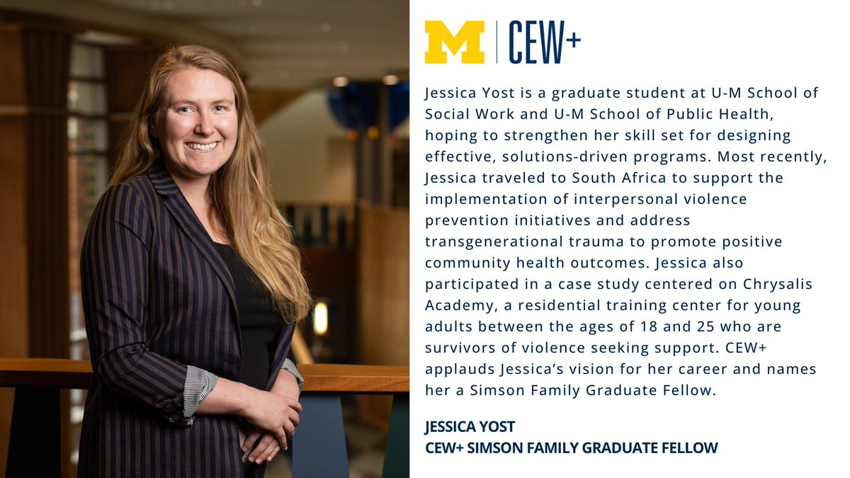 CEW+ at U-M (@cewatum) on Twitter photo Jessica Yost is a graduate student at <a href="/UMSocialWork/">University of Michigan School of Social Work</a> & <a href="/umichsph/">Michigan Public Health</a> strengthening her skill set for designing solutions-driven programs. Most recently, she traveled to South Africa to support the implementation of interpersonal violence prevention initiatives. bit.ly/4i0j1gO Jessica Yost is a graduate student at <a href="/UMSocialWork/">University of Michigan School of Social Work</a> & <a href="/umichsph/">Michigan Public Health</a> strengthening her skill set for designing solutions-driven programs. Most recently, she traveled to South Africa to support the implementation of interpersonal violence prevention initiatives. bit.ly/4i0j1gO