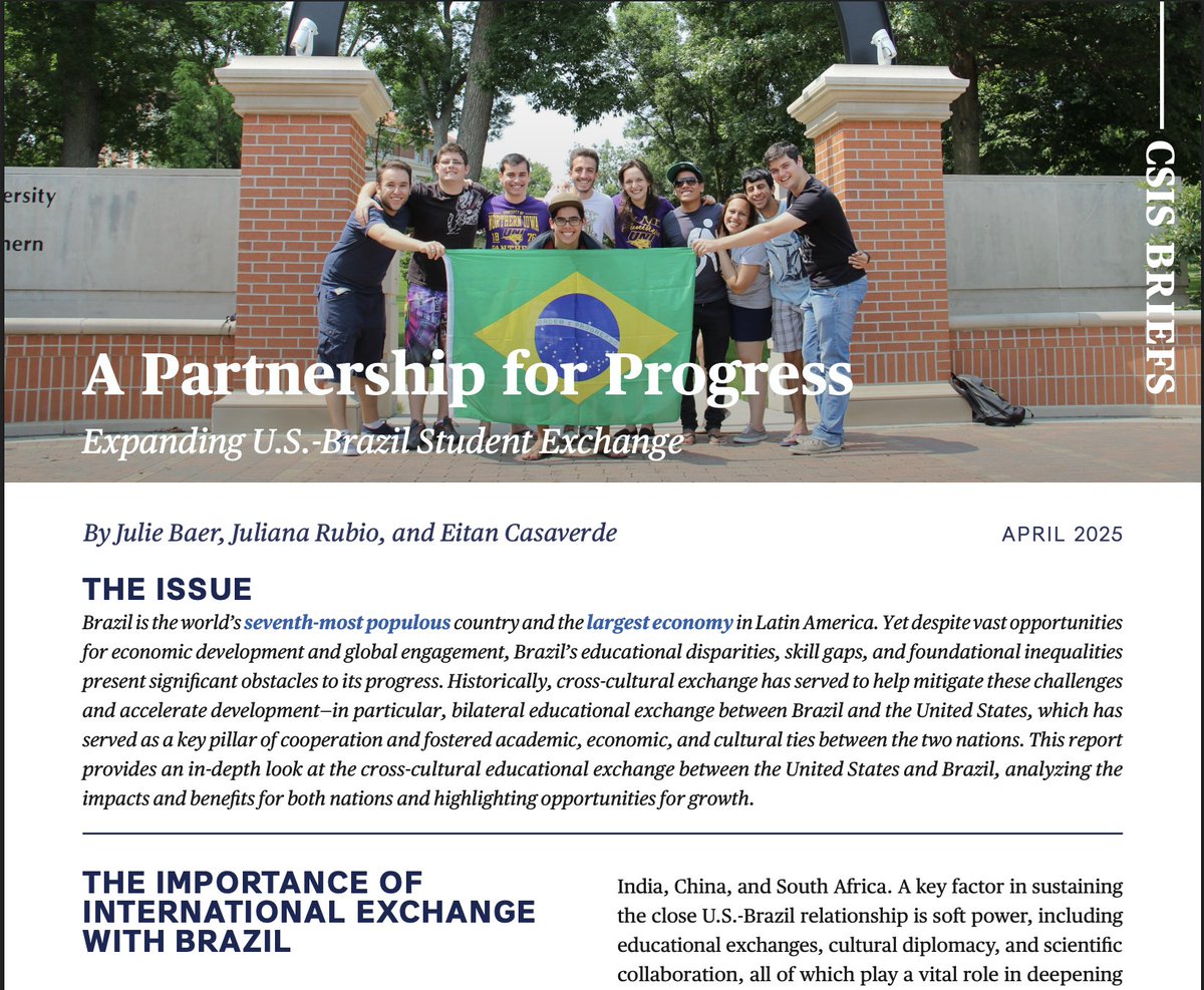 CSIS Americas (@csisamericas) on Twitter photo In a #new CSIS Americas report, Juliana Rubio and Eitan Casaverde, along with <a href="/IIEglobal/">Institute of International Education (IIE)</a>’s Julie Baer, break down the benefits and barriers facing educational exchanges between the United States and Brazil.
Read the report here: csis.org/analysis/partn… In a #new CSIS Americas report, Juliana Rubio and Eitan Casaverde, along with <a href="/IIEglobal/">Institute of International Education (IIE)</a>’s Julie Baer, break down the benefits and barriers facing educational exchanges between the United States and Brazil.
Read the report here: csis.org/analysis/partn…