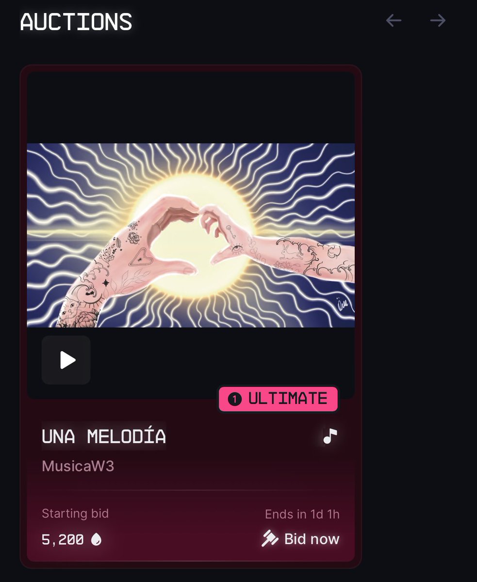 Today’s Ultimate Flash Auction is pure beauty ❤️‍🔥❤️

Una Melodía by <a href="/iviwosco/">iviwosco</a> x <a href="/mari_ozer/">𝕄𝕒𝕣𝕚𝕒 𝕆𝕫𝕖𝕣</a>
• Starting bid: 5,200💧

Music x Art in this powerful collective drop with <a href="/Musica_W3/">Música W3</a>!

Check the auction here
👇