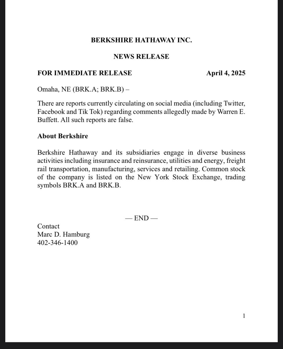 Kveldens pressemelding fra Berkshire Hathaway er klar tale, etter ryktene om at Warren Buffett (angivelig) støttet Trumps tariffer

#fintwit