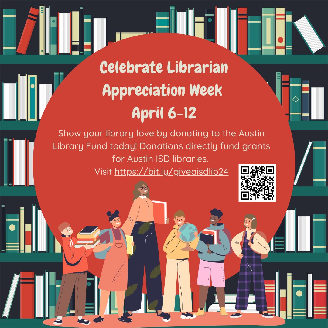 Celebrate Mrs. Yacoub and #LoveYourLibrary for #LibrarianAppreciationWeek (April 6-12)! Support AISD school libraries with a donation to the AISD Library Fund and help enhance resources for our students: bit.ly/giveaisdlib24 ✨📚