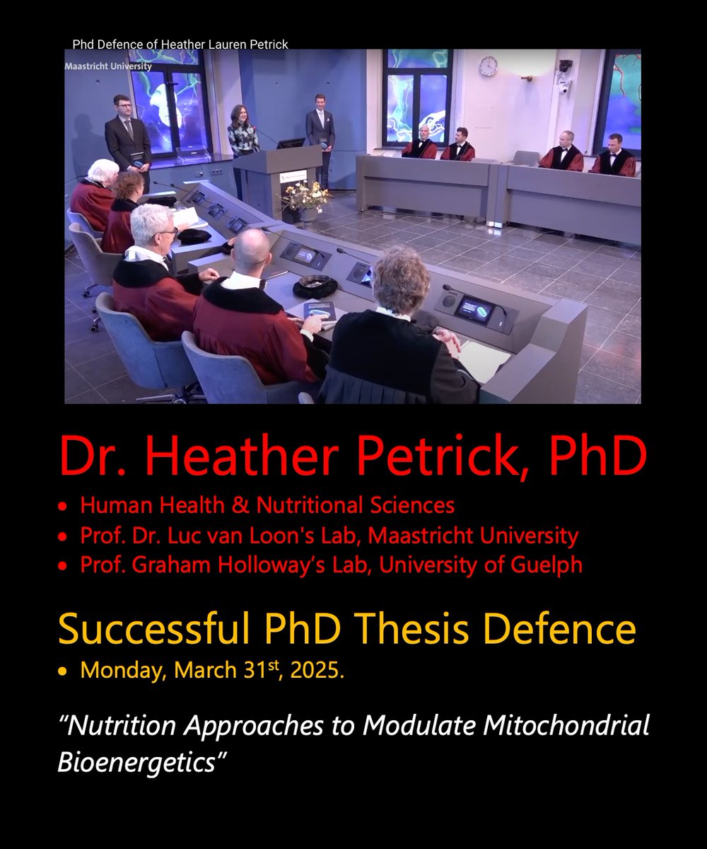 🍾CONGRATULATIONS DR. PETRICK!👍
📢Heather Petrick, PhD, Successfully Defended Her Thesis

🍽️Nutritional Approaches to Modulate Mitochondrial Bioenergetics
🔬Prof. Luc van Loon's Lab, Maastricht University
🥼Prof. Graham Holloway's Lab <a href="/UofG_HHNS/">HHNS at UofG</a>!

🎓#PhDGrad
🗓️Mar 31, Maastricht