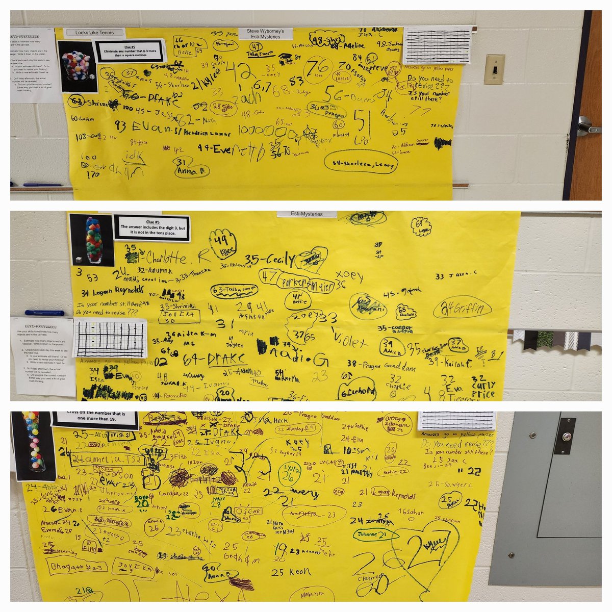 hartel30's tweet image. For our district math week, we celebrated math thinking by taking it to the halls. Thanks to @SteveWyborney Estimysteries and some #WODB, all students had the chance to think more about numbers (and sports/celebrities)  @WoertherElem
#RSDMathRocks 
#RSDMathIntervention