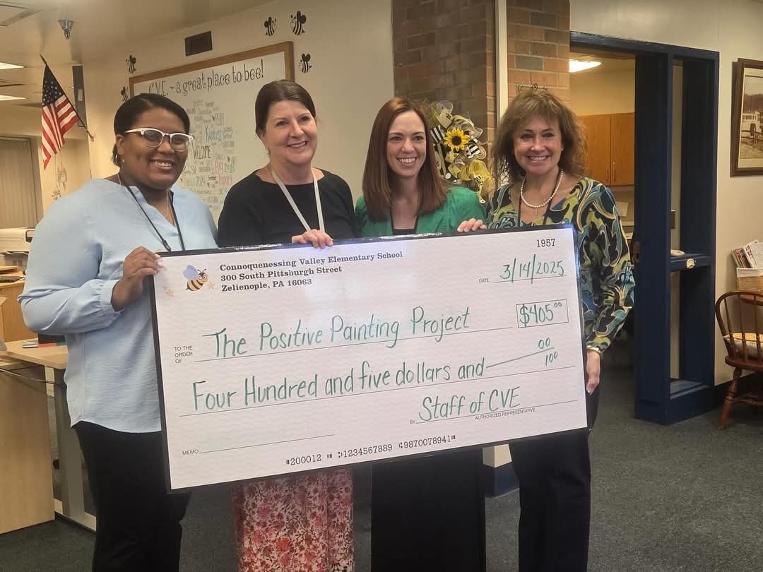 Last month, faculty and staff at Connoquenessing Valley Elementary (CVE) teamed up to support colleague Ms. Alisa Whysong by raising over $405 for The Positive Painting Project. As part of the fundraiser, CVE took part in a “Blue Jean Friday,” wearing jeans and green shirts to