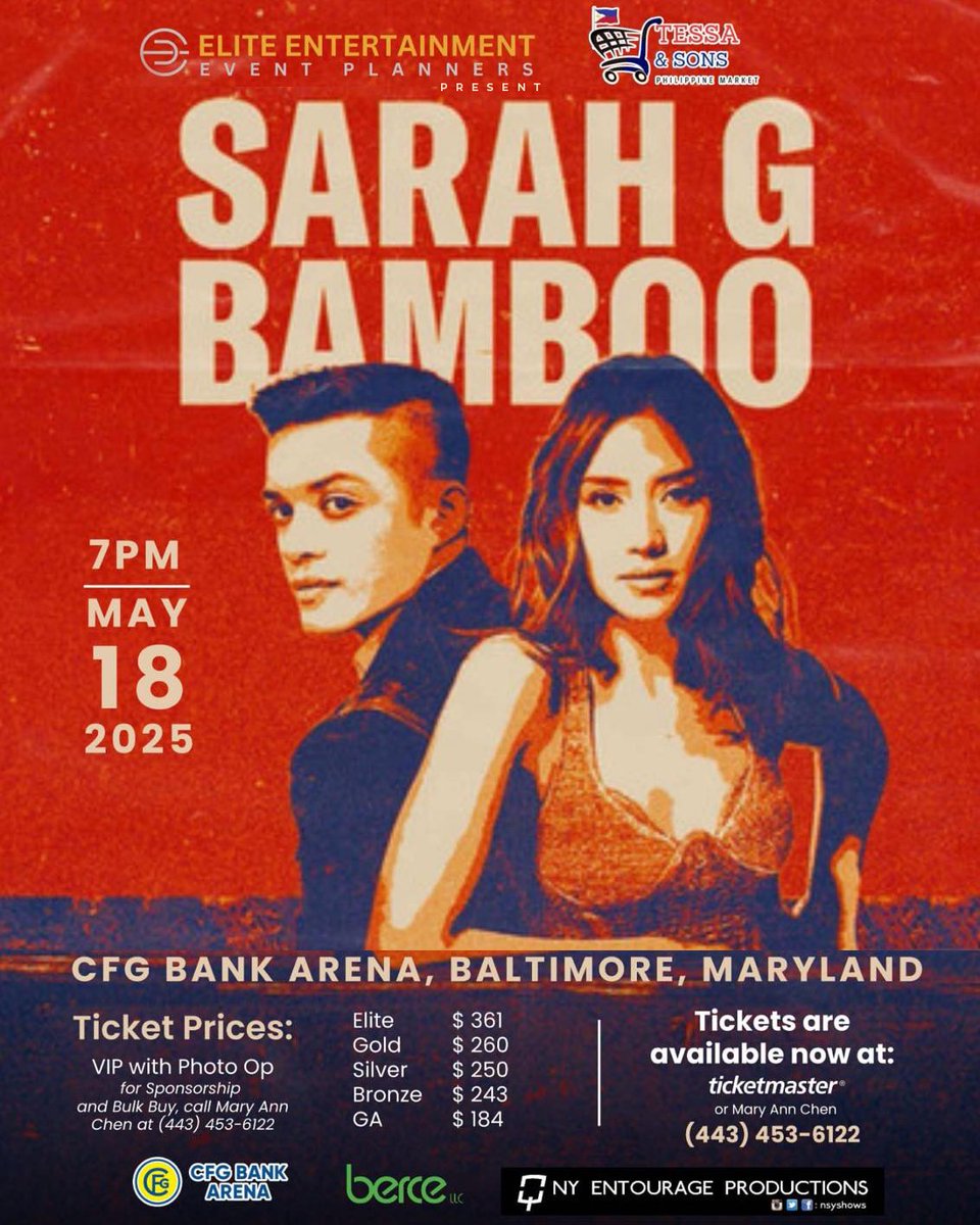 Pop Royalty Sarah Geronimo and the Pop Rock Superstar Bamboo are joining forces for an unforgettable night of music you don’t want to miss! 🔥
#SarahGeronimo #Bamboo #CFGBankArena #Baltimore #Maryland #NYEntourageProductions #EliteEntertainment #TessaAndSon #Berce