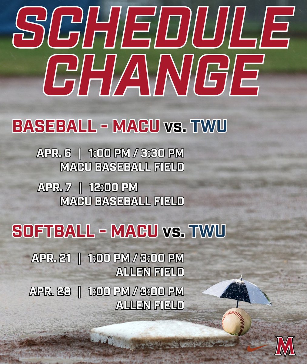 SCHEDULE UPDATE! Due to the inclement weather this weekend, <a href="/MACU_baseball/">MACU Baseball</a> is moving its home doubleheader to Sunday and Monday with the possibility of the games being moved to Putnam City HS while <a href="/MACUsoftball/">MACU Softball</a> is moving to a split series on Apr. 21 &amp; Apr. 28!

#MACUProud