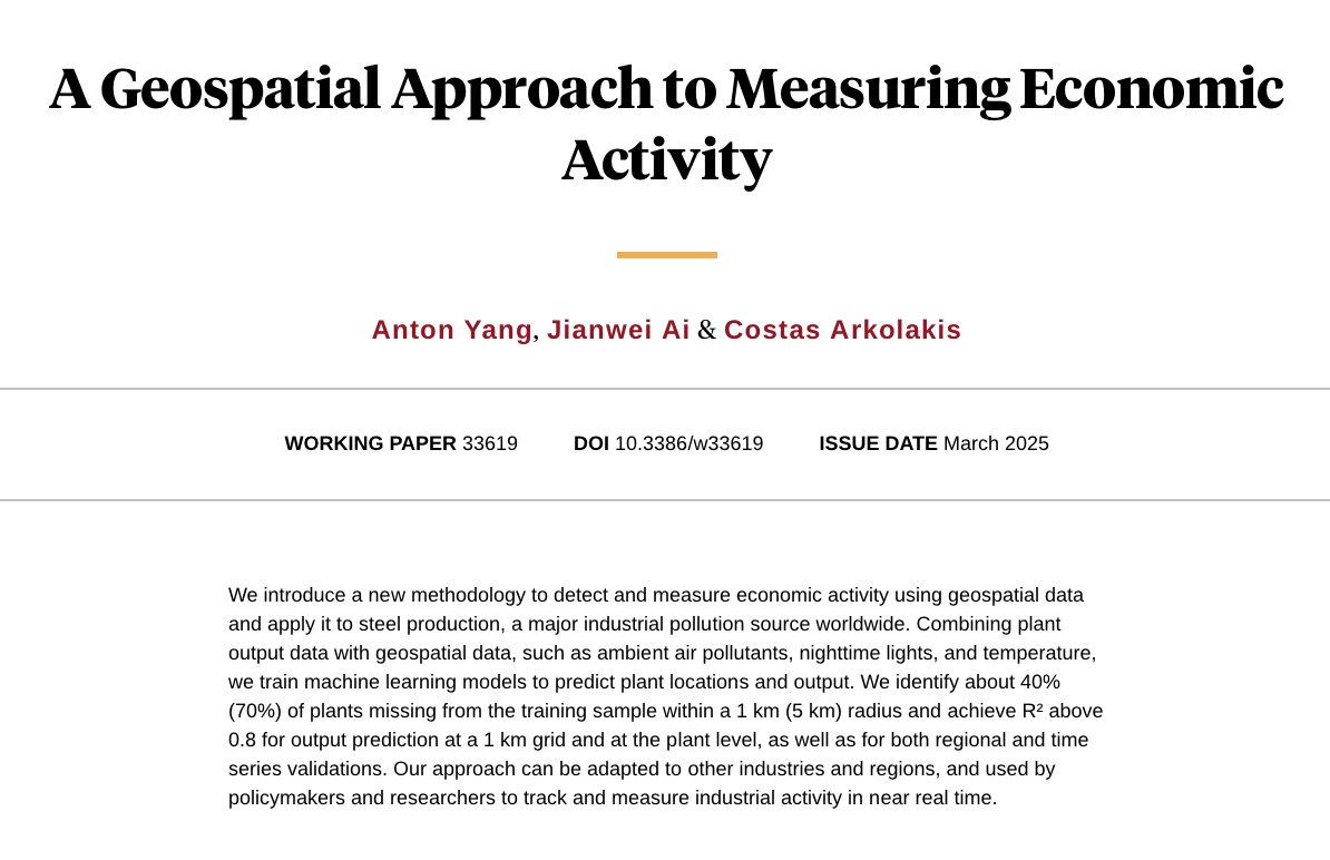 Yale Department of Economics (@yaleeconomics) on Twitter photo "We introduce a new methodology to detect and measure economic activity using geospatial data."
NEW in <a href="/nberpubs/">NBER</a>, by Anton Yang,  Jianwei Ai, and Costas Arkolakis: nber.org/papers/w33619 "We introduce a new methodology to detect and measure economic activity using geospatial data."
NEW in <a href="/nberpubs/">NBER</a>, by Anton Yang,  Jianwei Ai, and Costas Arkolakis: nber.org/papers/w33619