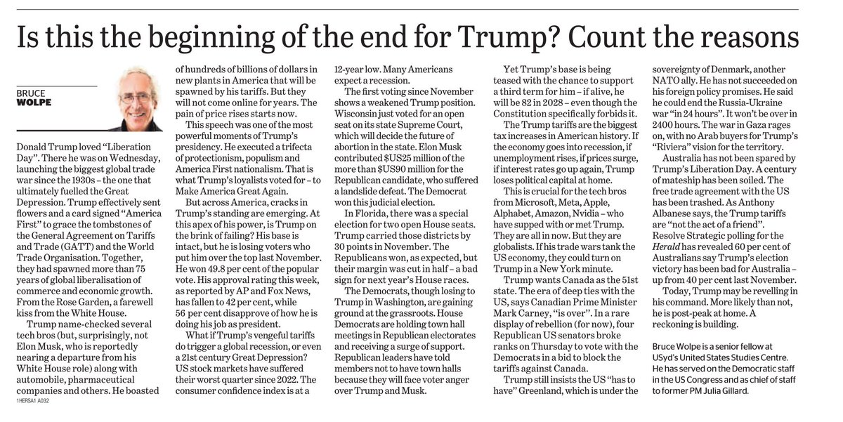 Bruce Wolpe (@bwolpe) on Twitter photo Is Trump failing? Trump may be reveling in his command. More likely than not, he is post-peak at home. A reckoning is building. And Australia has not been spared. A century of mateship has been soiled. The free trade agreement with the US has been trashed. <a href="/smh/">The Sydney Morning Herald</a> <a href="/theage/">The Age</a>-BW <a href="/USSC/">United States Studies Centre</a>. Is Trump failing? Trump may be reveling in his command. More likely than not, he is post-peak at home. A reckoning is building. And Australia has not been spared. A century of mateship has been soiled. The free trade agreement with the US has been trashed. <a href="/smh/">The Sydney Morning Herald</a> <a href="/theage/">The Age</a>-BW <a href="/USSC/">United States Studies Centre</a>.