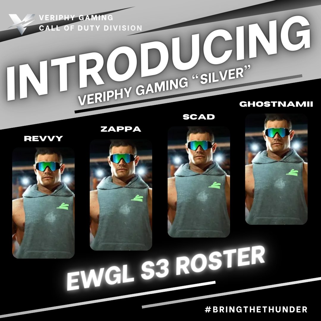 ⚪️NEW ROSTER ANNOUNCEMENT⚪️

Please welcome our newest CoD Roster, Veriphy Gaming Silver! They will be competing in the <a href="/ewgleague/">Elite Warfare Gaming League</a> S3! Time to #BringTheThunder boys!

Veriphy Gaming Silver Roster
🎮<a href="/RevvyTBE/">ricky</a> (TC)
🎮<a href="/JayTheJoke/">Jaylen</a>
🎮<a href="/Scaddii/">Scad</a>
🎮<a href="/Ghostnamii/">Tommy</a>