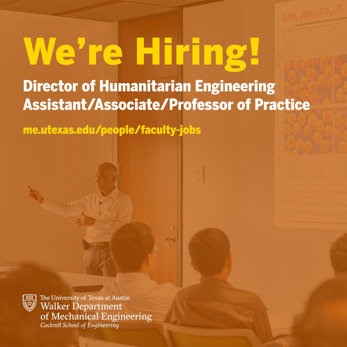 We're hiring! Mechanical engineering is seeking a Director of Humanitarian Engineering. Learn more and apply: me.utexas.edu/people/faculty…