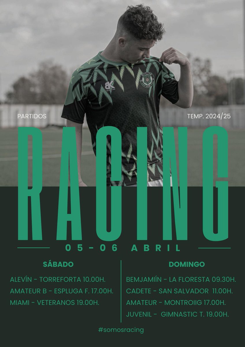 ℙ𝕒𝕣𝕥𝕚𝕕𝕠𝕤 𝕗𝕚𝕟 𝕕𝕖 𝕤𝕖𝕞𝕒𝕟𝕒
𝗦á𝗯𝗮𝗱𝗼
𝟏𝟎:𝟎𝟎 Alevin-Torreforta
𝟏𝟕:𝟎𝟎 AmateurB-Espluga.F.
𝟏𝟗:𝟎𝟎 Miami-Veteranos
𝗗𝗼𝗺𝗶𝗻𝗴𝗼
𝟗:𝟑𝟎 Benjamin-Floresta
𝟏𝟏:𝟎𝟎 Cadete-SanSalvador
𝟏𝟕:𝟎𝟎 AmateurA-Montroig
𝟏𝟗:𝟎𝟎 Juvenil-Nastic
💚🖤💚🖤💚🥅⚽️🥅⚽️