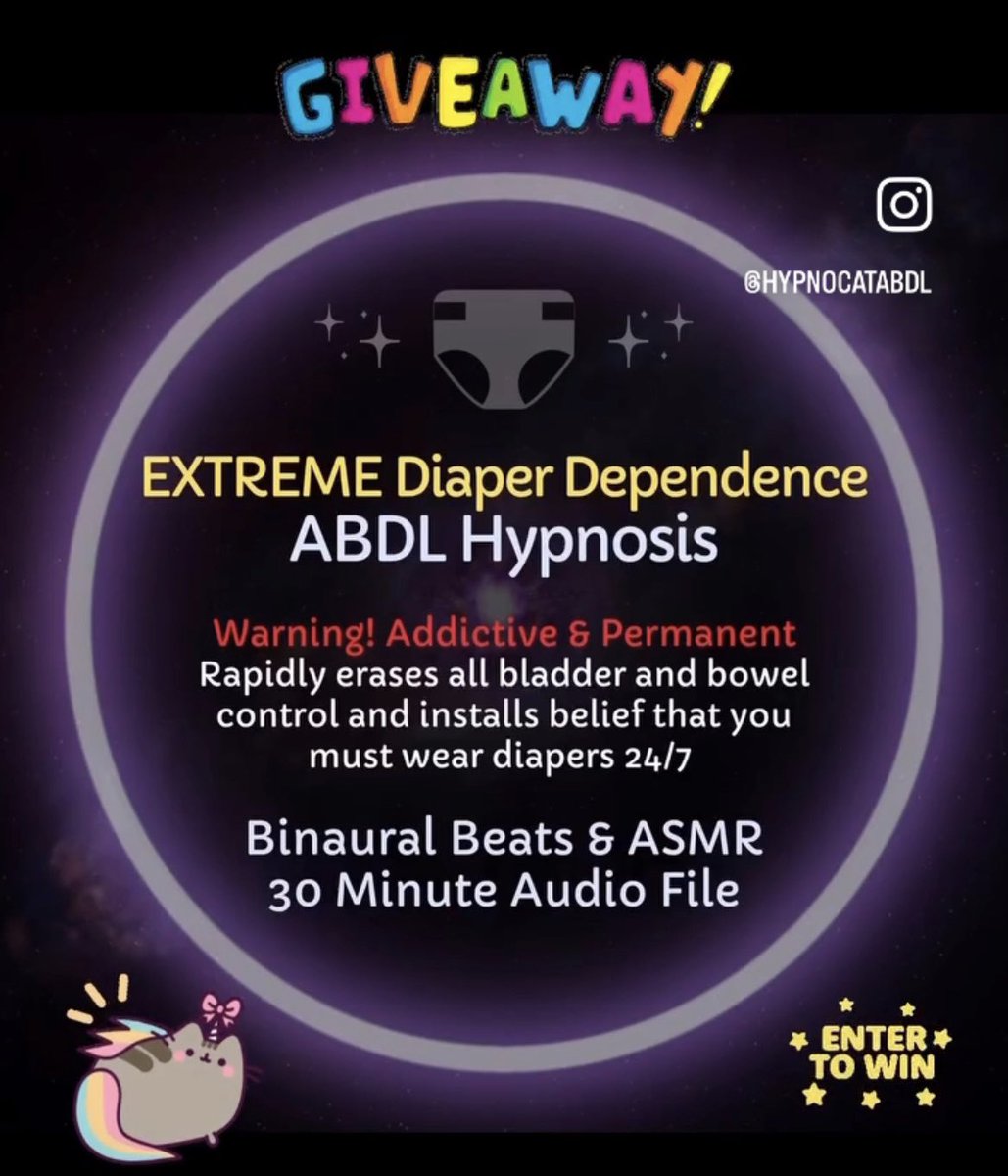 🚨Time for another Friday giveaway!! Reshare for your chance to win my Extreme Diaper Dependence Hypno Session 😵‍💫 

Comment with the last time you had an accident for an extra entry 🎟️ good luck diaper butts!!

Visit my ABDL Hypno Store on Shopify: hypnocatabdl.myshopify.com