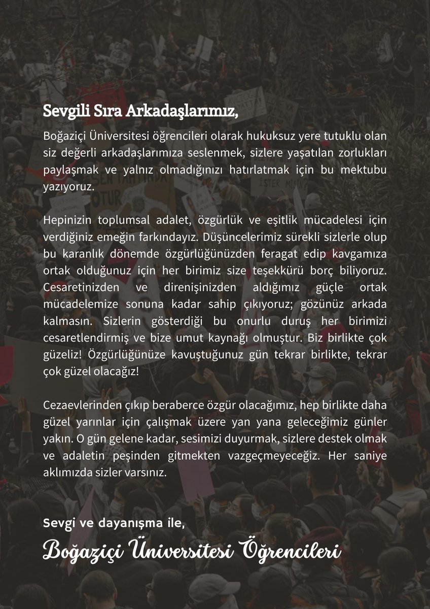 Her saniye aklımızda sizler varsınız.

Asla size destek olmaktan, adaletin peşinde gitmekten vazgeçmeyeceğiz!