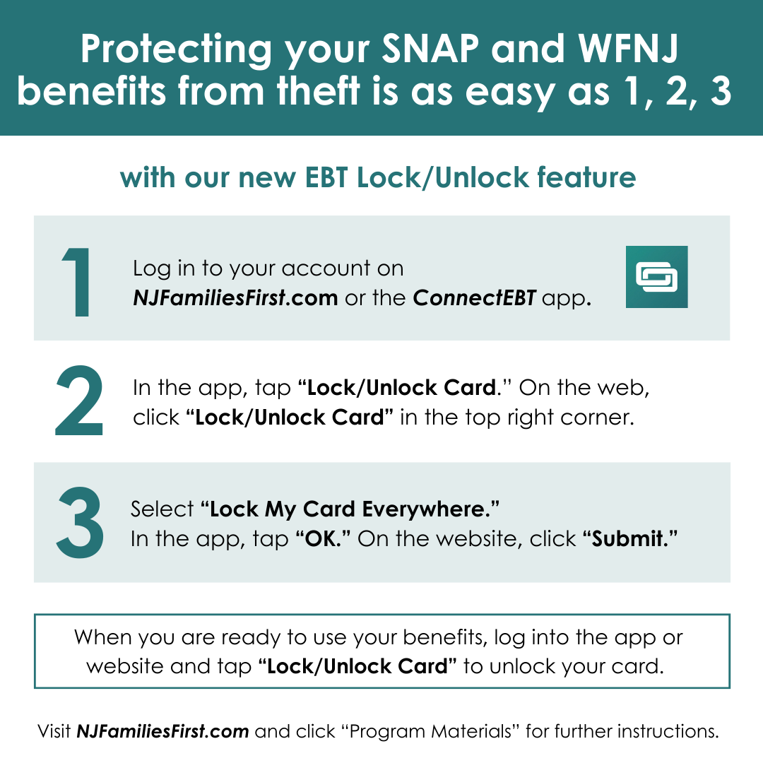 🔐Follow these quick and easy steps to secure your EBT card &amp; protect your benefits from theft.
💻For more information, you can visit NJFamiliesFirst.com and click on “Program Materials”, or log into the ConnectEBT app and tap on Help &gt; Program Documents &gt; Program Material.