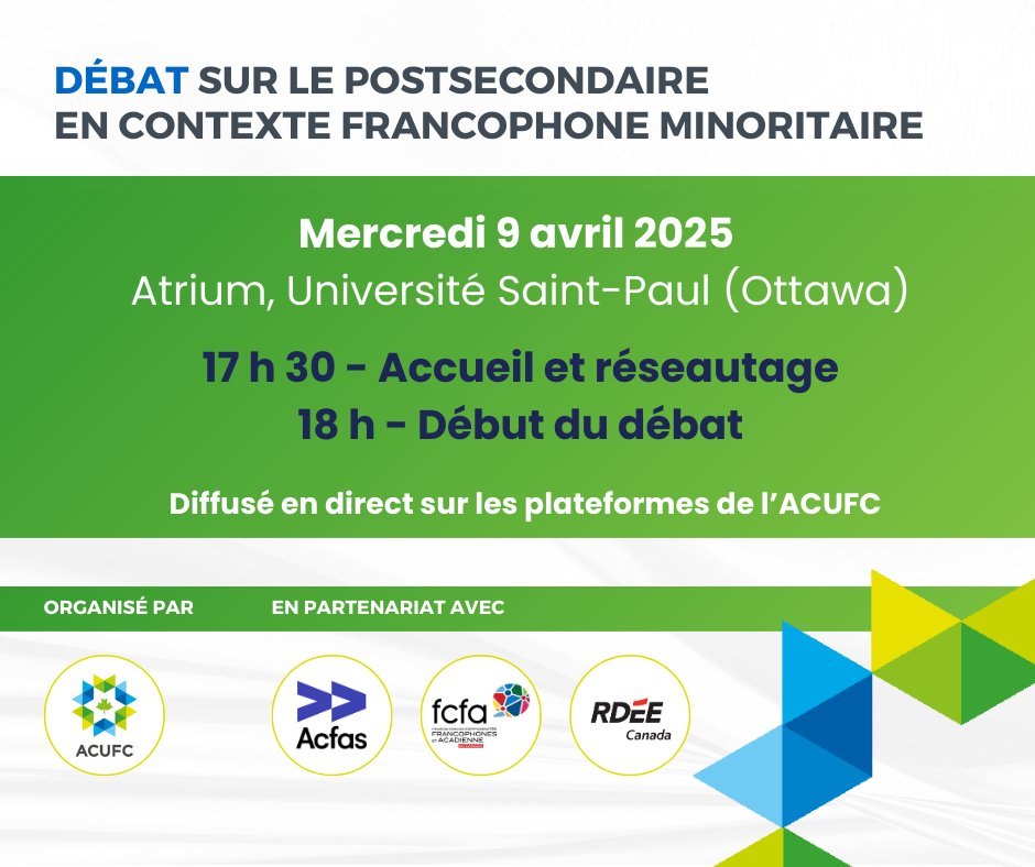 [📢Invitation - débat électoral]
L'ACUFC vous invite à assister à notre débat en français sur les enjeux liés à l’éducation postsecondaire en contexte francophone minoritaire.
🗓️Le 9 avril dès 17h30
📍 Atrium, Université Saint-Paul - <a href="/ustpaul_ca/">Université Saint-Paul University</a>
🎥 En personne ou en direct sur