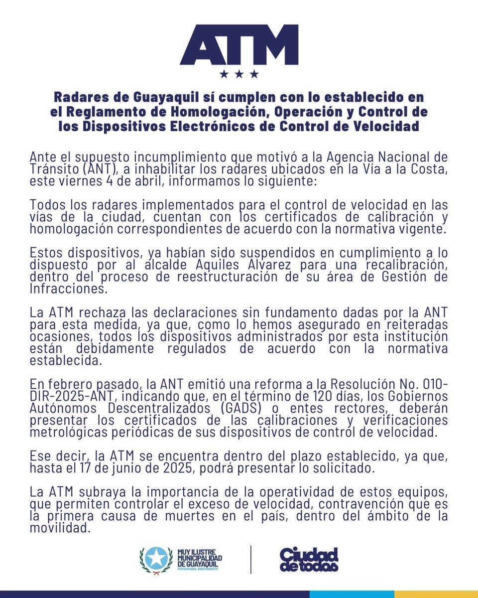 ATMGuayaquil's tweet photo. Radares de Guayaquil si cumplen con lo establecido en el Reglamento de Homologación, Operación y Control de los Dispositivos Electrónicos de Control de Velocidad. https://t.co/aP0WuTrF52