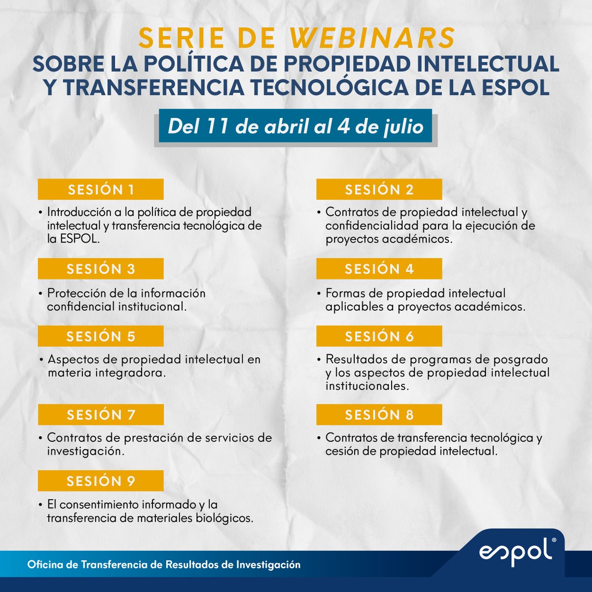 🚨¡Atención comunidad ESPOL! 🚨

Pronto iniciaremos la serie de 9 webinars sobre la Política de Propiedad Intelectual y Transferencia de Tecnología. Conoce cómo impacta tu labor y potencia tu innovación. 🧠💡

🗓 Síguenos para conocer las fechas más adelante.

#IniciativasOTRI