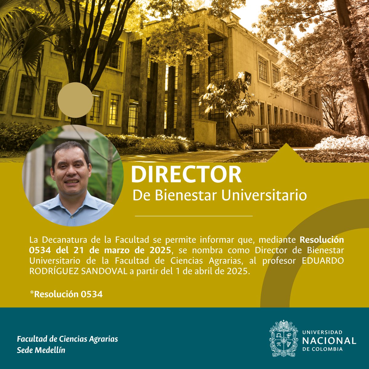 📢 ¡Nuevo Director de Bienestar en la FCA! 🌿🎓

Damos la bienvenida al profesor Eduardo Rodríguez Sandoval, quien asume el cargo de Director de Bienestar de la Facultad de Ciencias Agrarias. 💚
Le deseamos muchos éxitos en esta nueva etapa! 🙌✨ #FCA