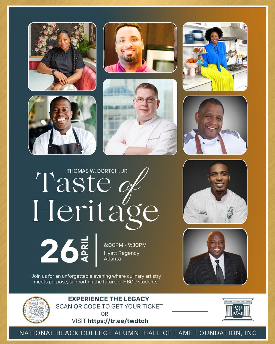 Join us April 26 at the Hyatt Regency ATL for the 19th Annual Taste of Heritage Gala! 🍽️ Enjoy a 5-course meal by award-winning chefs, live entertainment &amp; support scholarships in Culinary Arts. 🎓🎉 nbcahof.org #TasteOfHeritage2025 #HBCUs