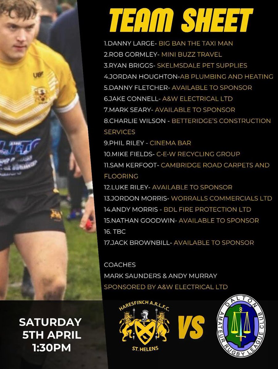 Team for tomorrow's home game v dalton. 1.30pm kick off