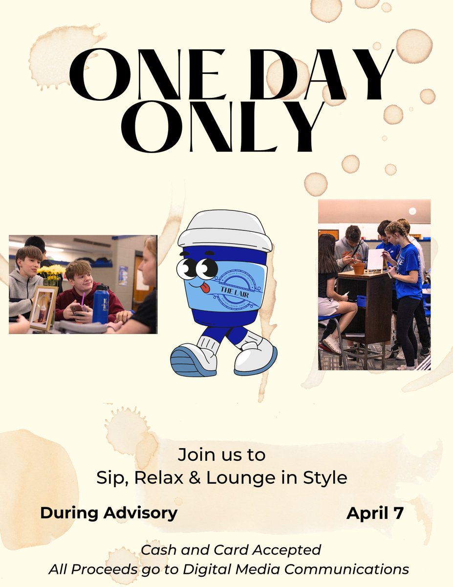 The Lair is back but for ONE DAY ONLY! Don’t miss your last chance to grab an iced coffee or refresher during Advisory! Join us Monday, April 7 in the Library! 🧋🥤🧋 A fundraiser for Digital Media Communications. #440Proud