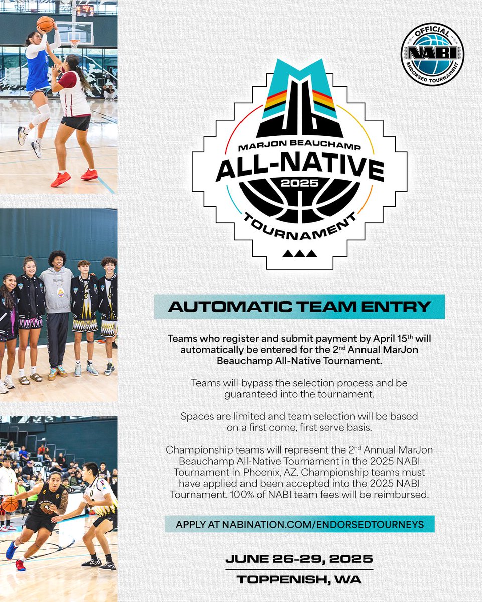 MJBAllNative's tweet photo. Registration is open for the 2nd Annual MarJon Beauchamp All-Native Tournament! 🏀 Submit your team application and fees by April 15th to have your team automatically entered in the tournament!

🔗 Register a team at https://t.co/mQr9DFwjw5

#MJBAllNative https://t.co/v0LZhpJBRw