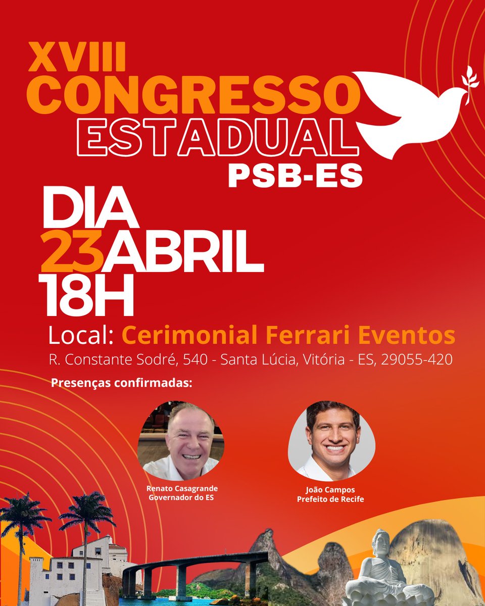 PSB40ES's tweet photo. tenção filiados(as) e militância!
Está chegando nosso Congresso Estadual.
📆Dia 23 de abril (quarta-feira)
⌚️18 horas
📍Cerimonial Ferrari, Santa Lucia
Participação do nosso Governador @casagrande_es e do prefeito da cidade de Recife-PE, @JoaoCampos, 
Venha, participe! https://t.co/q8FwPtyjcz