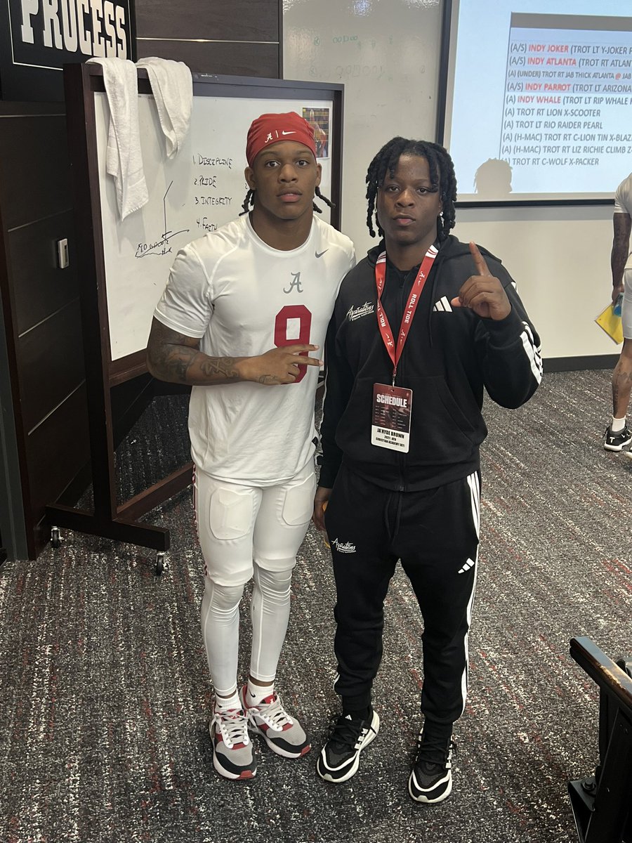 Ja’Hyde Brown (@jaheisman) on Twitter photo UNOFFICIAL VISIT at ALABAMA <a href="/Ryanwms1/">𝐑𝐲𝐚𝐧 “𝐇𝐨𝐥𝐥𝐲𝐰𝐨𝐨𝐝” 𝐖𝐢𝐥𝐥𝐢𝐚𝐦𝐬 2</a> ❌ <a href="/JayMbakwe/">Jaylen “Bak” Mbakwe</a> ❌ <a href="/JaHeisman/">Ja’Hyde Brown</a> Spring Ball <a href="/AlabamaFTBL/">Alabama Football</a> #WRU #3HeadedGoat #RollTide <a href="/Bama_247/">Bama247</a> <a href="/Aspirationsgym/">C.Vaughn@Aspirations</a> <a href="/CoachShephard/">Coach Shephard</a> 🟨🟪🟨🟪 UNOFFICIAL VISIT at ALABAMA <a href="/Ryanwms1/">𝐑𝐲𝐚𝐧 “𝐇𝐨𝐥𝐥𝐲𝐰𝐨𝐨𝐝” 𝐖𝐢𝐥𝐥𝐢𝐚𝐦𝐬 2</a> ❌ <a href="/JayMbakwe/">Jaylen “Bak” Mbakwe</a> ❌ <a href="/JaHeisman/">Ja’Hyde Brown</a> Spring Ball <a href="/AlabamaFTBL/">Alabama Football</a> #WRU #3HeadedGoat #RollTide <a href="/Bama_247/">Bama247</a> <a href="/Aspirationsgym/">C.Vaughn@Aspirations</a> <a href="/CoachShephard/">Coach Shephard</a> 🟨🟪🟨🟪