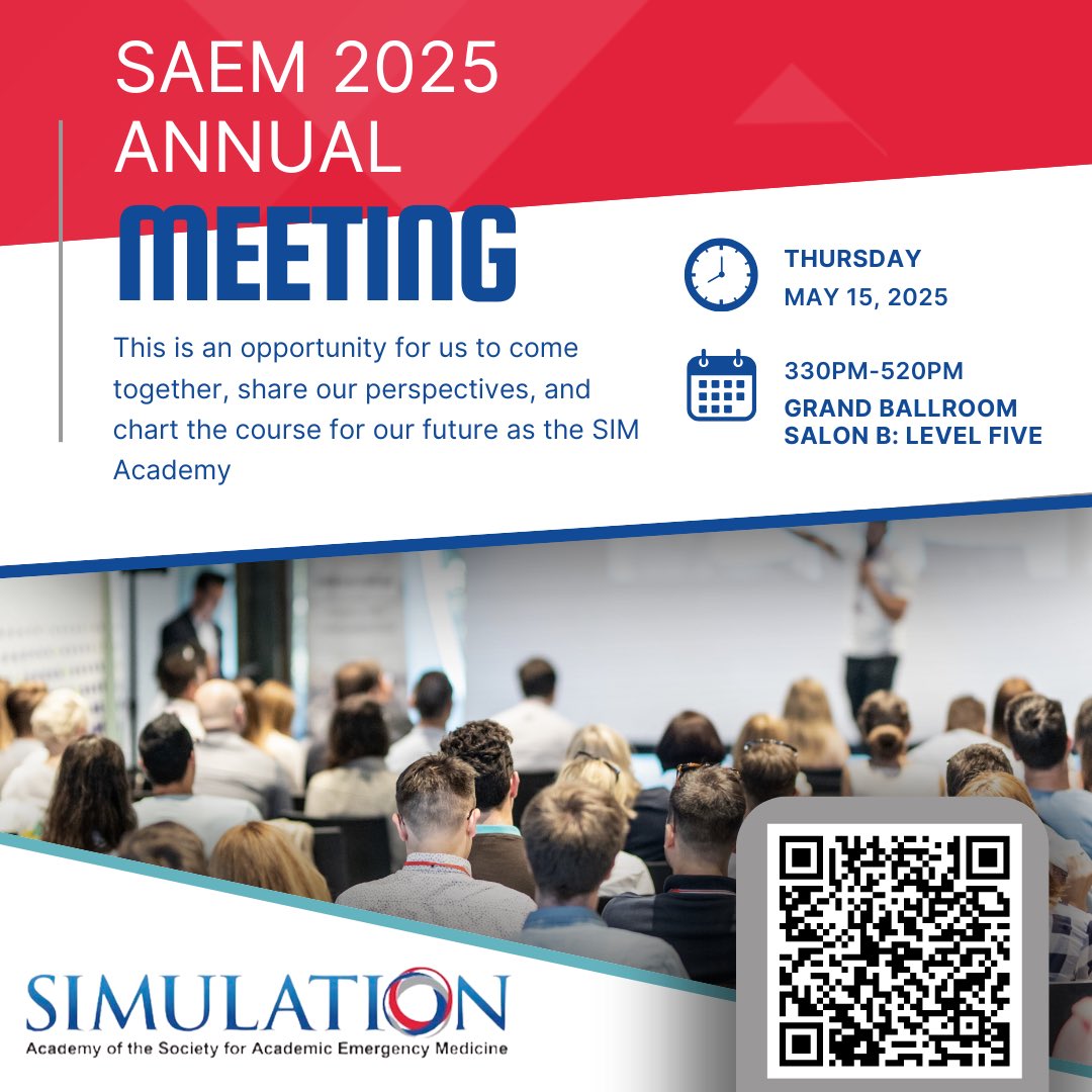 SAEMSimAcademy's tweet image. Are you going to SAEM 2025 in Philadelphia next month? We hope to see you at our annual business meeting! Learn what we’ve done, what we’re working on and what’s in store for our future as an academy. Hope to see you all there! #simacademy #saem25