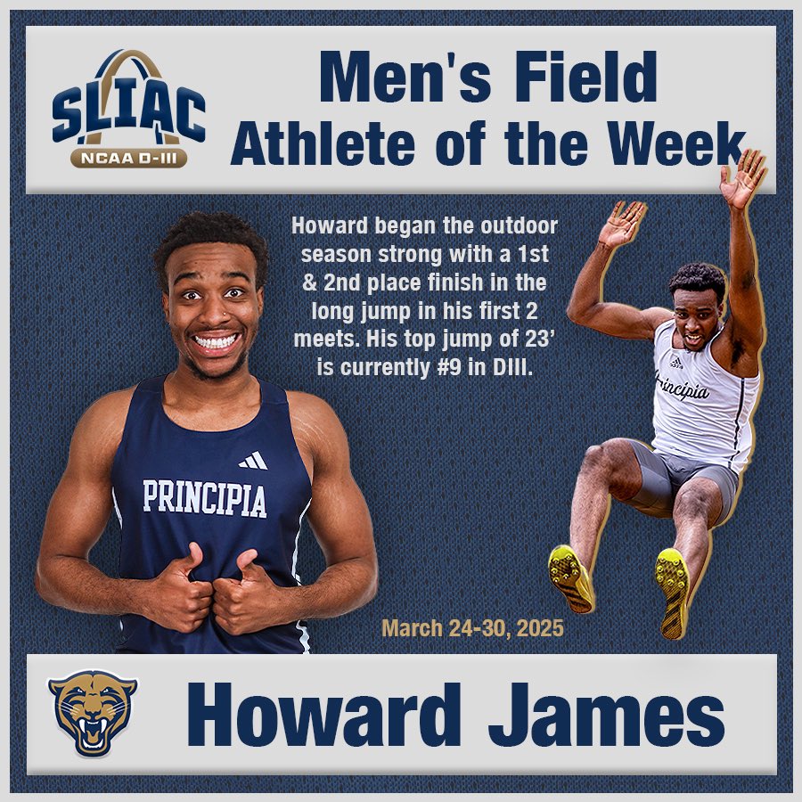 Congrats to senior Howard James on being named SLIAC Men’s Field Athlete of the Week!