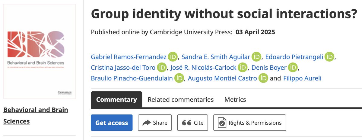 j.carlock (@jrncarlock) on Twitter photo New on Behavioral and Brain Sciences <a href="/CambridgeCore/">Cambridge Core</a>:
"Group identity without social interactions?" a comment to "What is a society? Building an interdisciplinary perspective and why that's important" by M.W. Moffett.
We argue for the preeminence of social interactions in New on Behavioral and Brain Sciences <a href="/CambridgeCore/">Cambridge Core</a>:
"Group identity without social interactions?" a comment to "What is a society? Building an interdisciplinary perspective and why that's important" by M.W. Moffett.
We argue for the preeminence of social interactions in