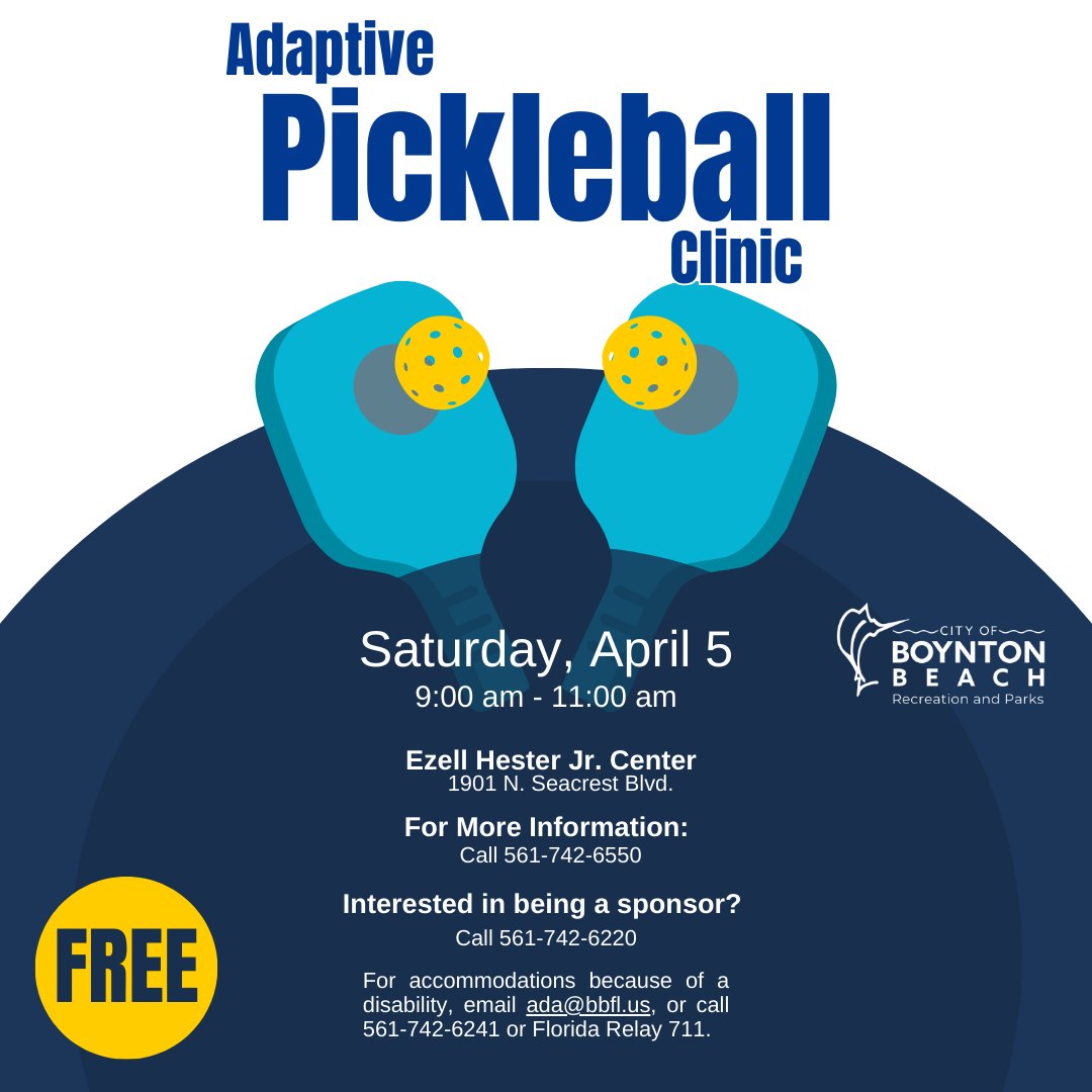 Join us tomorrow, Saturday, April 5, for a FREE Adaptive Pickleball Clinic!
When: 9 AM – 11 AM
Where: Ezell Hester Jr. Center (1901 N. Seacrest Blvd.)

Come enjoy a fun, inclusive environment for all ages and abilities! No registration needed — just show up and play!